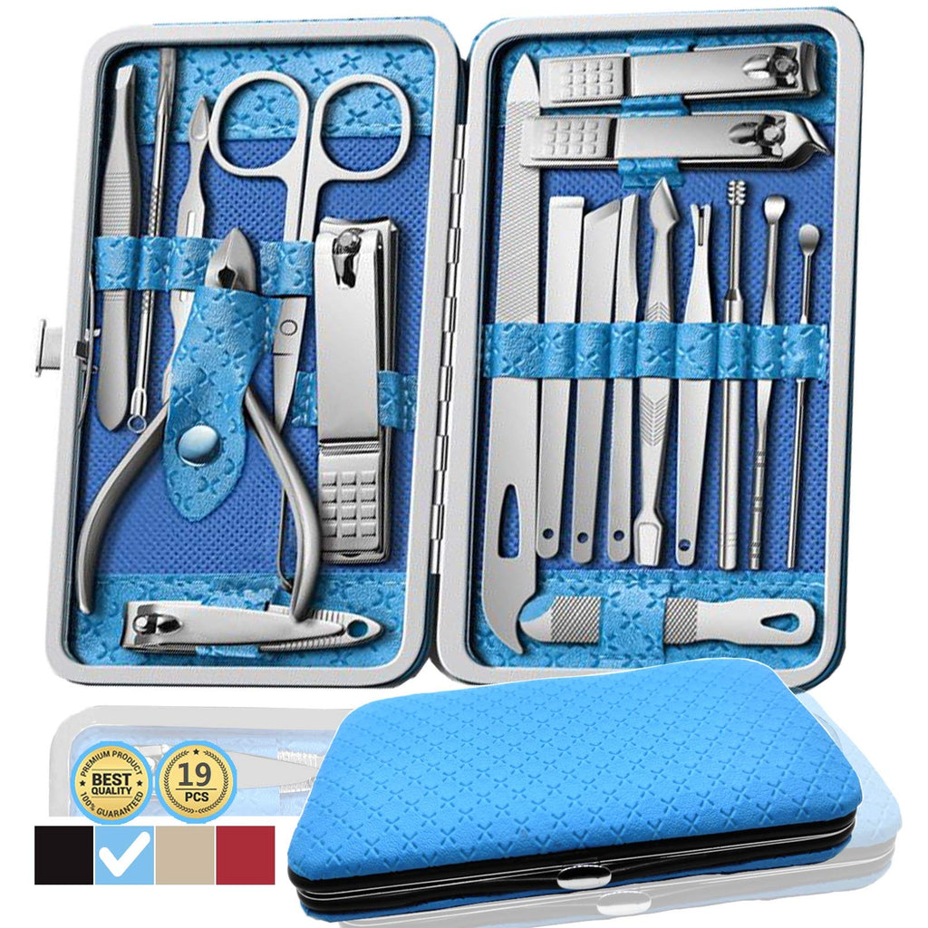 Manicure Kit Nail Clippers Pedicure Kit -19 Pieces Stainless Steel Manicure Set, Professional Grooming Kits, Nail Care Tools with Luxurious Travel Case (Blue) Blue - BeesActive Australia