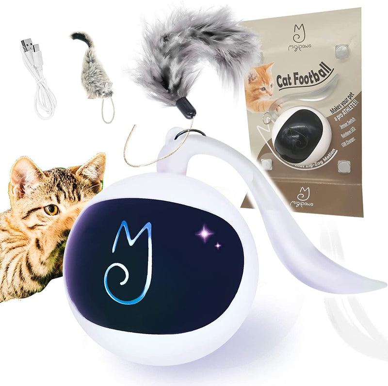 Migipaws Cat Toys, Automatic Moving Ball Bundle Classic Mice + Feather Kitten Toys in Pack. DIY N in 1 Pets Smart Electric Teaser, USB Rechargeable (White) white - BeesActive Australia