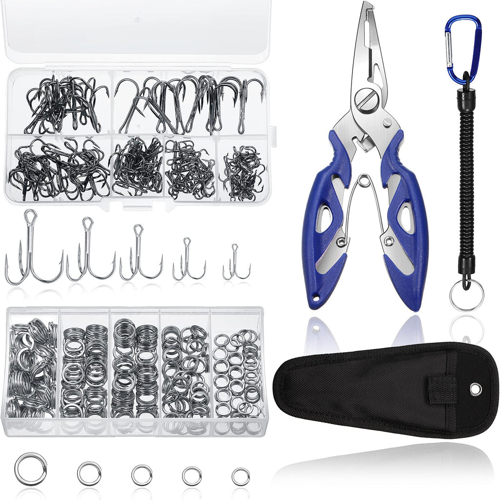 Skylety Fishing Tackle Tools 200 Pieces Split Fishing Rings with Plastic Box, 100 Pieces Treble Hooks Kit with Plastic Box, 1 Piece Lure Tackle Connector Fishing Plier and 1 Piece Fishing Lanyard - BeesActive Australia