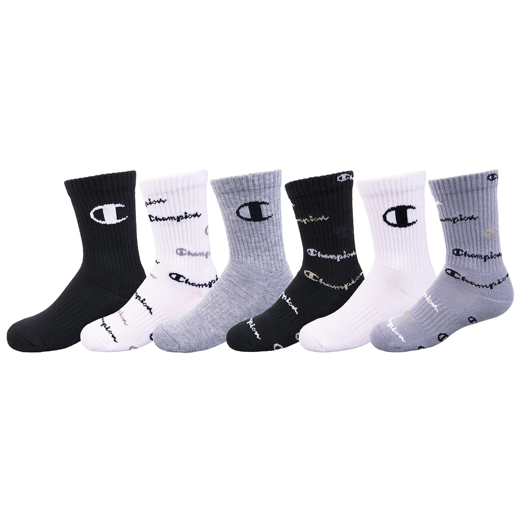 Champion unisex-child Champion Kids' 6-pack Crew Socks Available in Multiple Colors and Sizes 9-11 Crew Multi Script - Asst - BeesActive Australia