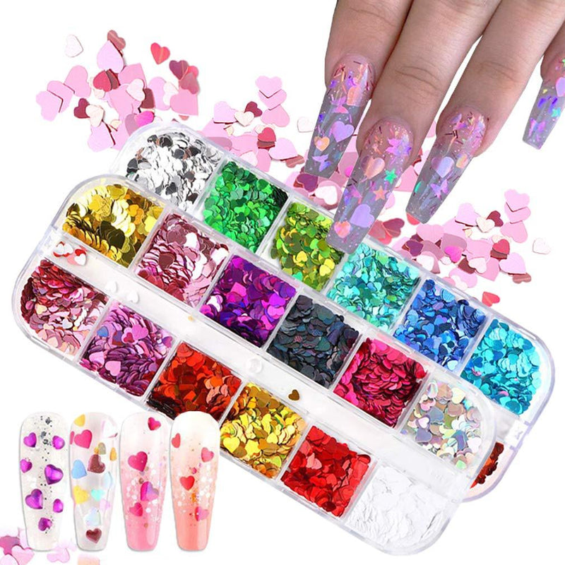 BABALAL Heart Nail Glitter Sequins, 24 Colors Holographic Nail Confetti 3D Laser Nail Flakes Valentine's Day Nail Art Stickers for Nail Art Decoration and Makeup - BeesActive Australia