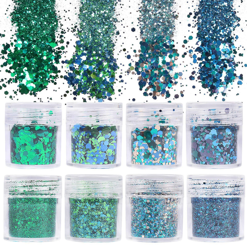 besharppin 8 Boxes Glitters Sequins, Chunky and Fine Glitter Mixed for Body Face Hair Makeup Nail Art (Green and Blue) Green and Blue - BeesActive Australia