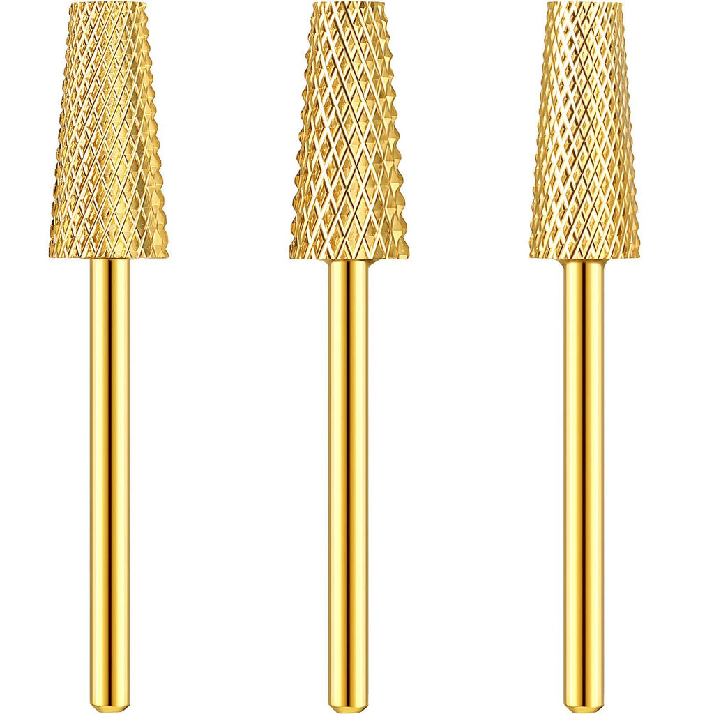 3 Pieces Tapered Barrel Carbide Nail Drill Bit, 3 Sizes Carbide Nail Drill Bit Acrylic Nail File Drill Bit Cuticle Drill Bits, Nail Art Tools for Gel Nails Cuticle Manicure Pedicure, XF, F, M (Gold) Gold - BeesActive Australia