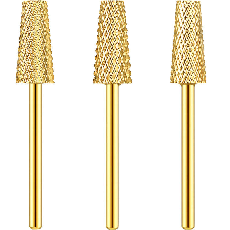 3 Pieces Tapered Barrel Carbide Nail Drill Bit, 3 Sizes Carbide Nail Drill Bit Acrylic Nail File Drill Bit Cuticle Drill Bits, Nail Art Tools for Gel Nails Cuticle Manicure Pedicure, XF, F, M (Gold) Gold - BeesActive Australia