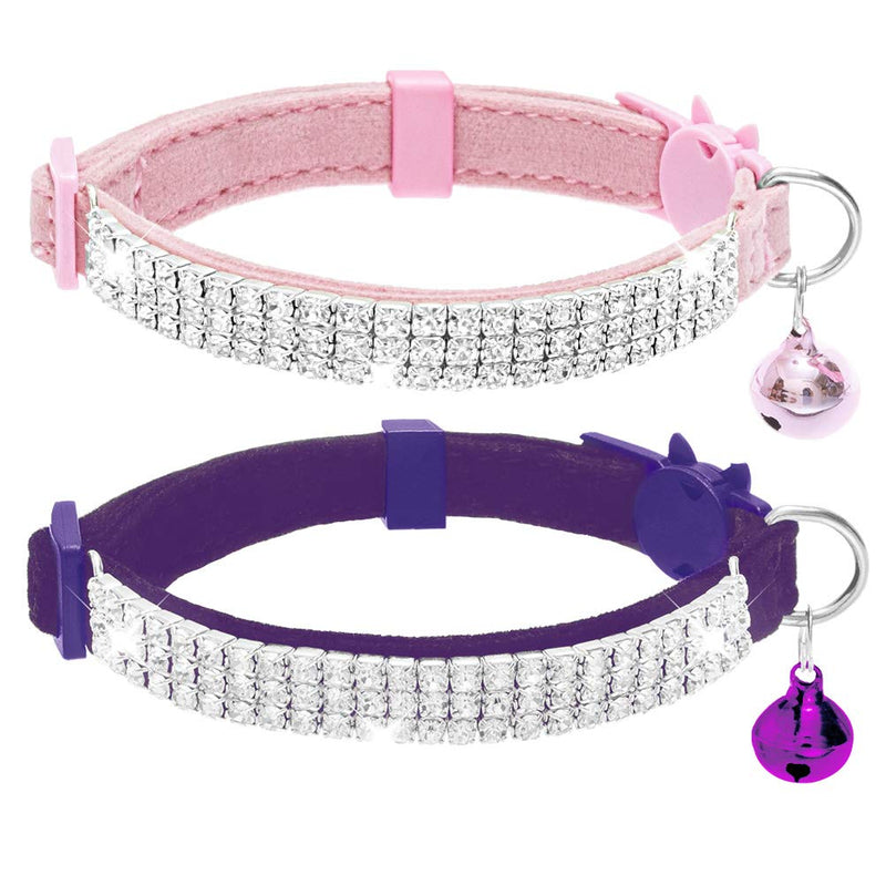 EXPAWLORER Cat Collar Breakaway with Bells - 2 Pack Rhinestones Bling Diamante Collars - Soft Velvet Safe Adjustable Shing Collar for Cats Kitty Girls and Small Dogs Pink + Purple - BeesActive Australia