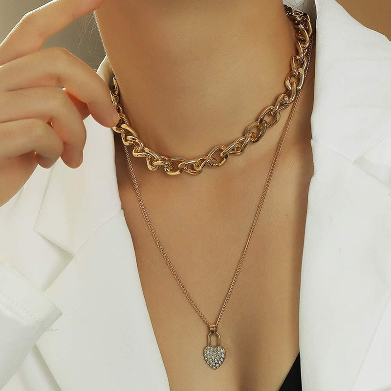 Kercisbeauty Miami Cuban Link Chain Gold Choker Rhinestones Heart Lock Charm Necklace for Women and Girls - BeesActive Australia