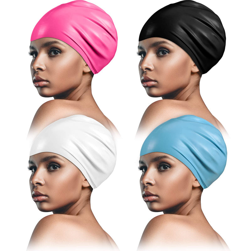 4 Pieces Large Silicone Swim Cap Swimming Pool Cap for Men and Women, Unisex Swimming Cap for Long Hair, Dreadlocks, Weaves, Hair Extensions, Braids, Curls and Afros - BeesActive Australia