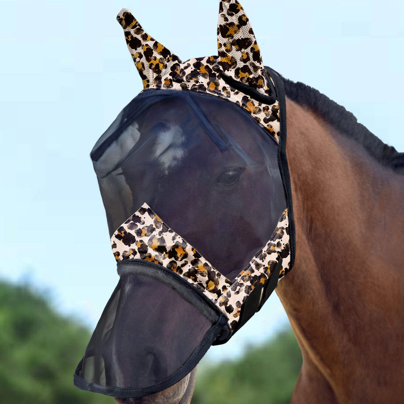 Harrison Howard LumiVista Horse Fly Mask Long Nose with Ears UV Protection for Horse with Multicolor Print Cob (Medium) Leopard Print - BeesActive Australia