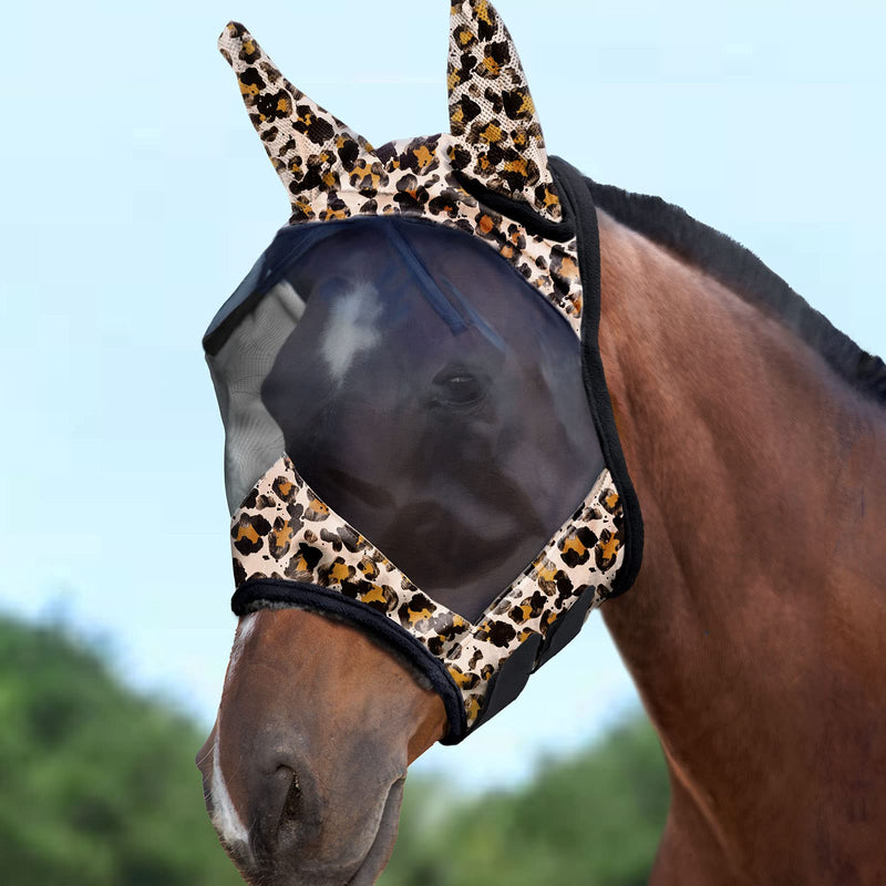 Harrison Howard LumiVista Horse Fly Mask Standard with Ears UV Protection for Horse with Multicolor Print Full (Large) Leopard Print - BeesActive Australia