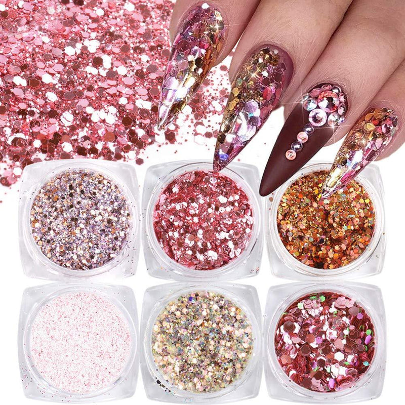 Holographic Nail Glitter Sequins, 6 Box Nail Art Supplies 3D Flakes Shiny Acrylic Powder Dust Hexagon Nail Decoration Confetti Sparkle Manicure Tips Charms (6 Boxes Plum Series) - BeesActive Australia