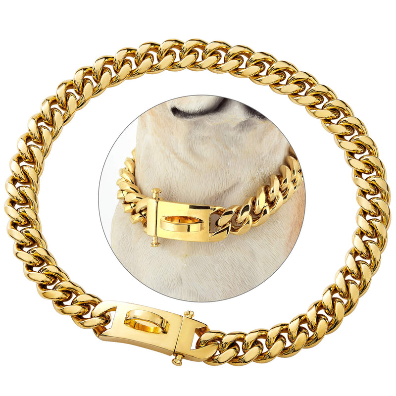 PRADOG Gold Chain Dog Collar Designer Dog Cuban Link Chain Collar with Safty Design Buckle 15MM Metal Stainless Steel Walking Collars (12 to 26in) 18" ( Fits Neck 16" to 17.5") - BeesActive Australia
