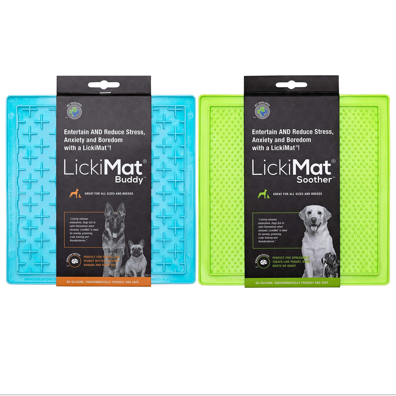 Lickimat Classic Dog Slow Feeders, Lick Mat, Boredom Anxiety Reduction; Perfect for Food, Treats, Yogurt, Peanut Butter. Fun Alternative to Slow Feed Dog Bowl! Green & Turquoise Soother & Buddy - BeesActive Australia