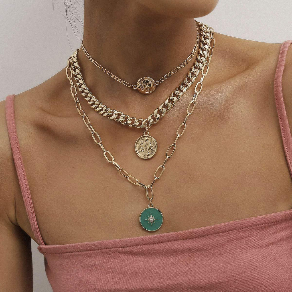 Kercisbeauty Green Star Coin Necklace Gold Chunky Chain Choker Women and Girls Punk Layered Jewelry - BeesActive Australia