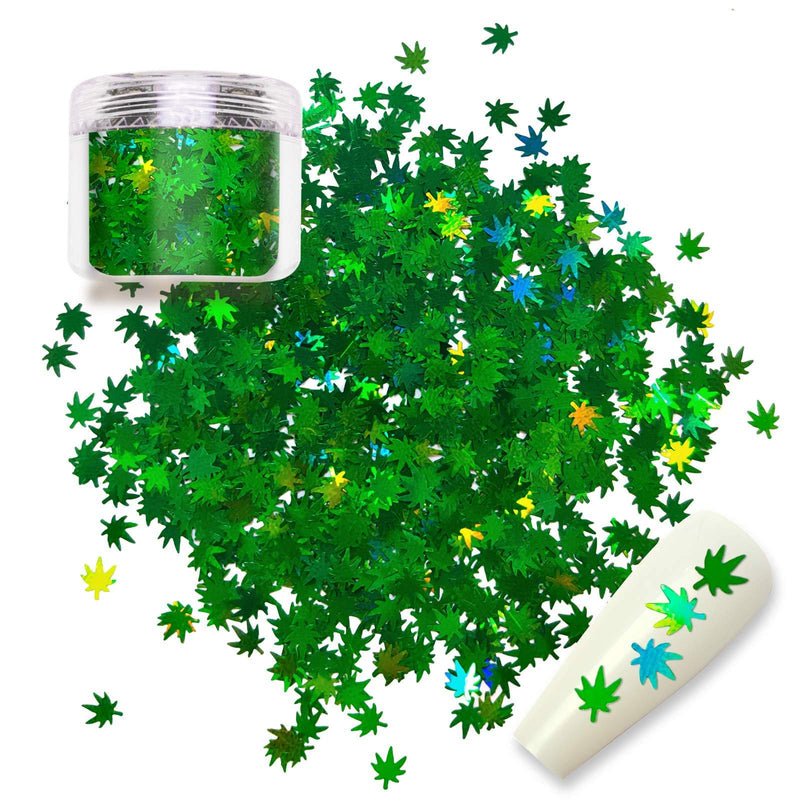 Allstarry Leaves Chunky Glitter Green Weed Leaf Sequins Holographic Fluorescence Flakes 10g Jar for Festival Rave Face Body Makeup Nail Decoration Grass Green - BeesActive Australia