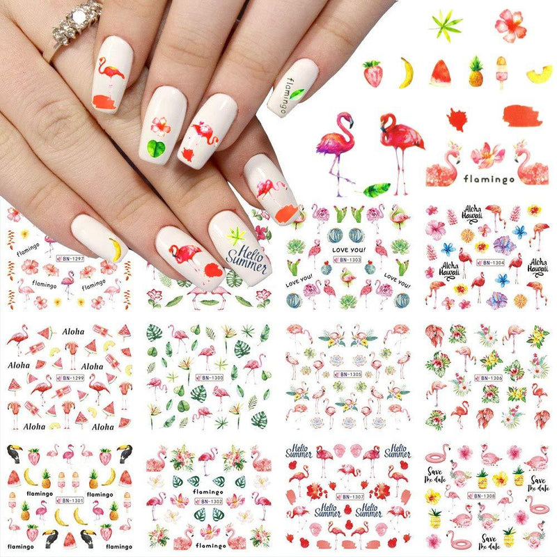 Flower Flamingo Nail Art Stickers Decal 12 Sheets Nail Beauty Supplies Flamingo Leaf Flower Fruit Design Water Transfer Stickers Acrylic Decorations for Women Holiday DIY Manicure Tip Accessories - BeesActive Australia
