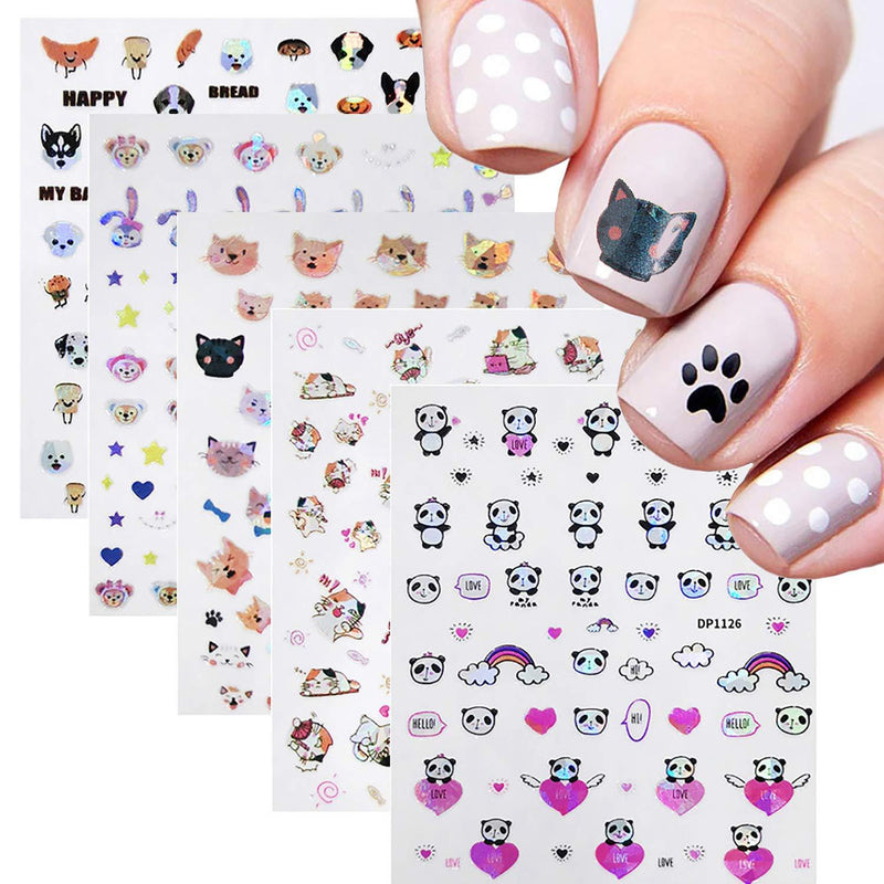 5 Sheets Laser Animal Nail Stickers,3D Self Adhesive Two-Color Cat Dog Panda Rabbit Monkey Nail Decals for Acrylic Nails Supplies, DIY Manicure Nail Decoration Beauty Accessories - BeesActive Australia