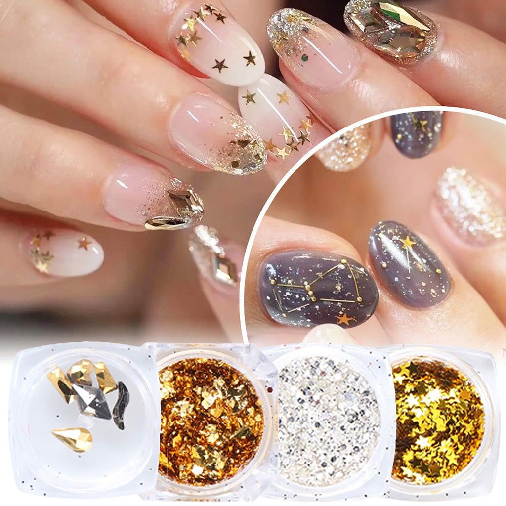 4 Boxes Holographic Nail Art Sequins Kits,3D Nails Glitter Gold Nail Foil Fragments,Laser Star Shining Flakes Nail Supplies,DIY Nail Decorations Accessories for Women Girls - BeesActive Australia