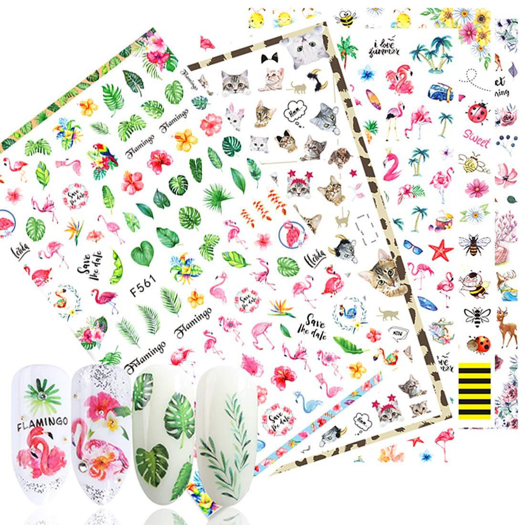 5 Sheets Animal Nail Stickers 3D Self-adhesive Nail Sticker Manicure Tip Decorations Bee Butterfly Flower Cat Deer Flamingo Designs for Kids Girls Summer DIY Nail Art Decoration - BeesActive Australia