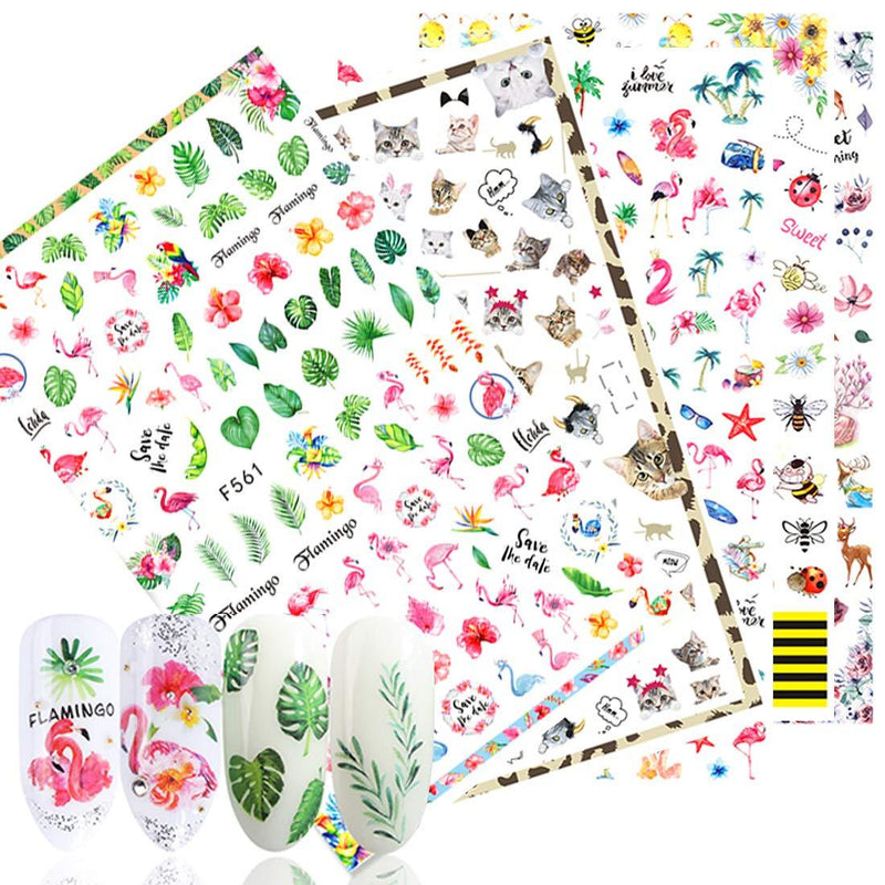 5 Sheets Animal Nail Stickers 3D Self-adhesive Nail Sticker Manicure Tip Decorations Bee Butterfly Flower Cat Deer Flamingo Designs for Kids Girls Summer DIY Nail Art Decoration - BeesActive Australia