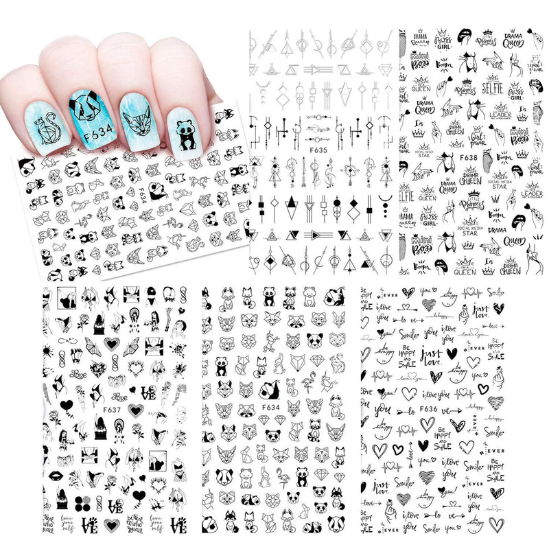 5 Sheets Black White Nail Art Stickers, 3D Roses, Hearts, Animals, Pandas, etc Self adhesive Nail Decals Art Design for DIY Nails Design Manicure Tips Nail Art Decor - BeesActive Australia