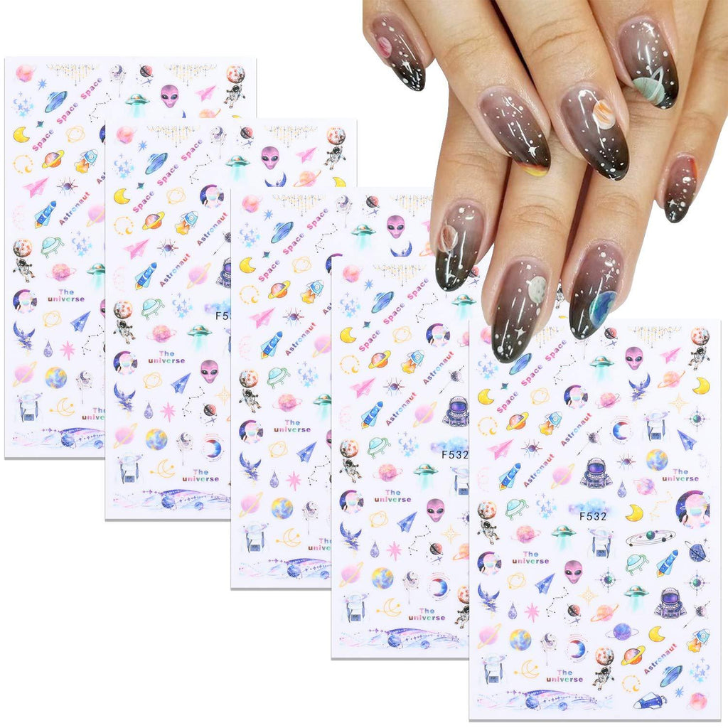5 Sheets Nail Art Stickers for Kids and Girl, Self adhesive DIY Vast Starry Sky Spaceship Moon Nail Decals Nail Art Supplies, Nail Art Stickers for Nails Design Manicure Tips Decorations - BeesActive Australia