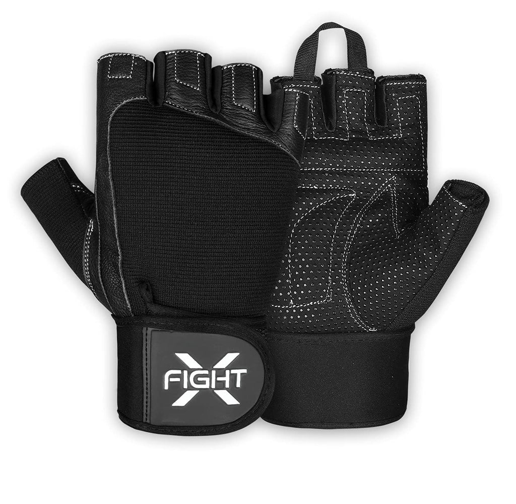 FightX Exercise Gloves for Men & Women Fingerless Work Gloves with Full Palm Pad Strong Wrist Wraps Workout Leather Gloves for Adults Sports Grip Gloves for Weightlifting Fitness Gloves Black X-Large - BeesActive Australia