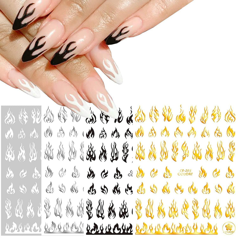 Flame Nail Art Stickers 4 Sheets Fire Nail Stickers 3D Flame Nail Decals Nail Art Supplies Adhesive Nail Foils White Black Silver Gold Flame Nail Sticker for Acrylic Nails Design Nail Art Accessories - BeesActive Australia