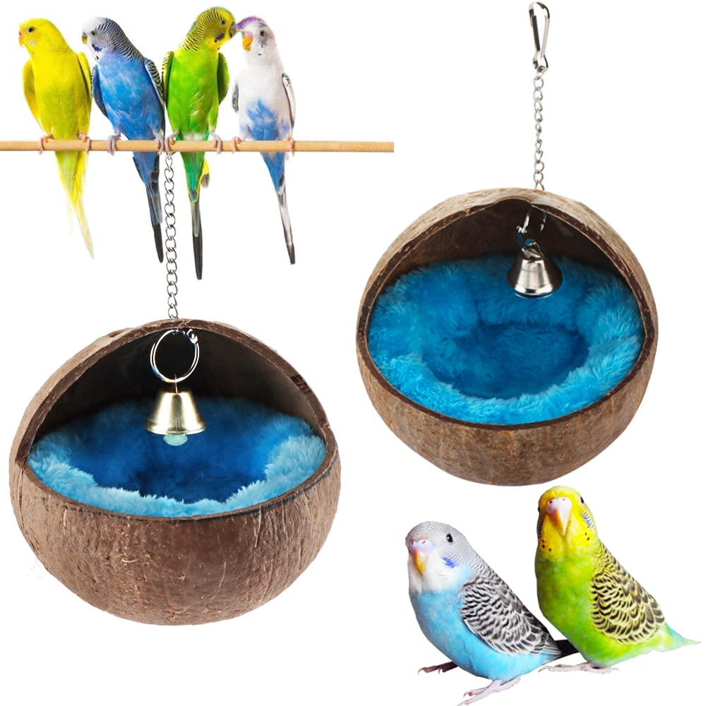 VTurboWay 2 Pcs Natural Coconut Shell Bird Nest House Bed Breeding Nesting Anti-Pecking Bite with Warm Pad and Bell for Bird Parrot Budgie Parakeet Cockatiel Conure Lovebird Canary Finch - BeesActive Australia