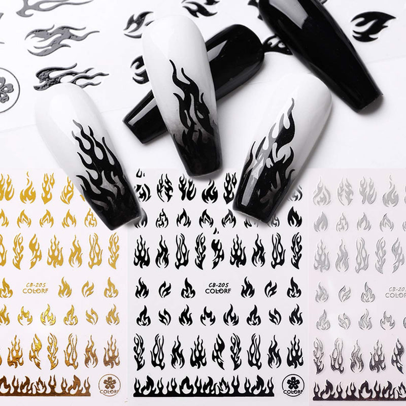Black Gold Fire Nail Art Stickers Self Adhesive Nail Art Supplies Cool Flame Shape White Silver Nail Stickers Decals for Women Kids Girls 3D Nail Decorations Nail Beauty Charms Accessories(4 Sheets) - BeesActive Australia