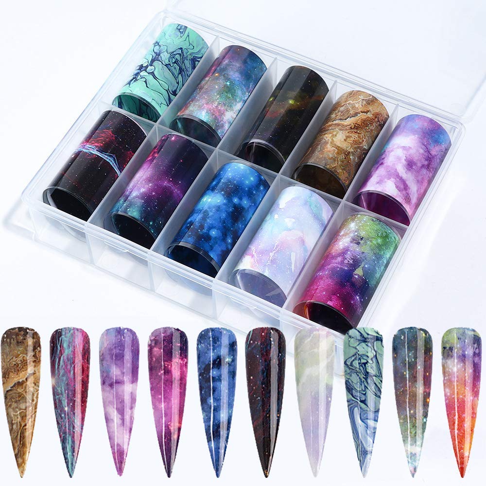 Marble Nail Art Foils Transfer Stickers Marble Stone Nail Foil Adhesive Decals 10 Rolls Foils Transfer Holographic Starry Sky Marble Designs Decal for Women Acrylic Nails Decoration Manicure Tips - BeesActive Australia