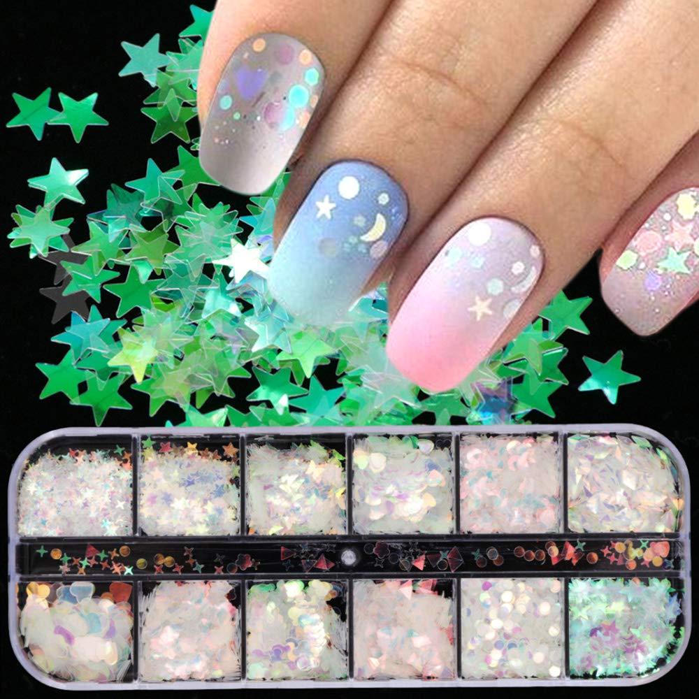 Holographic Nail Art Glitter Sequins 12 Designs Mermaid Nail Decals 3D Iridescent Butterfly Heart Star Moon Nail Sticker Flakes Nail Art Decoration Paillettes Colorful Glitter Sticker Manicure DIY - BeesActive Australia