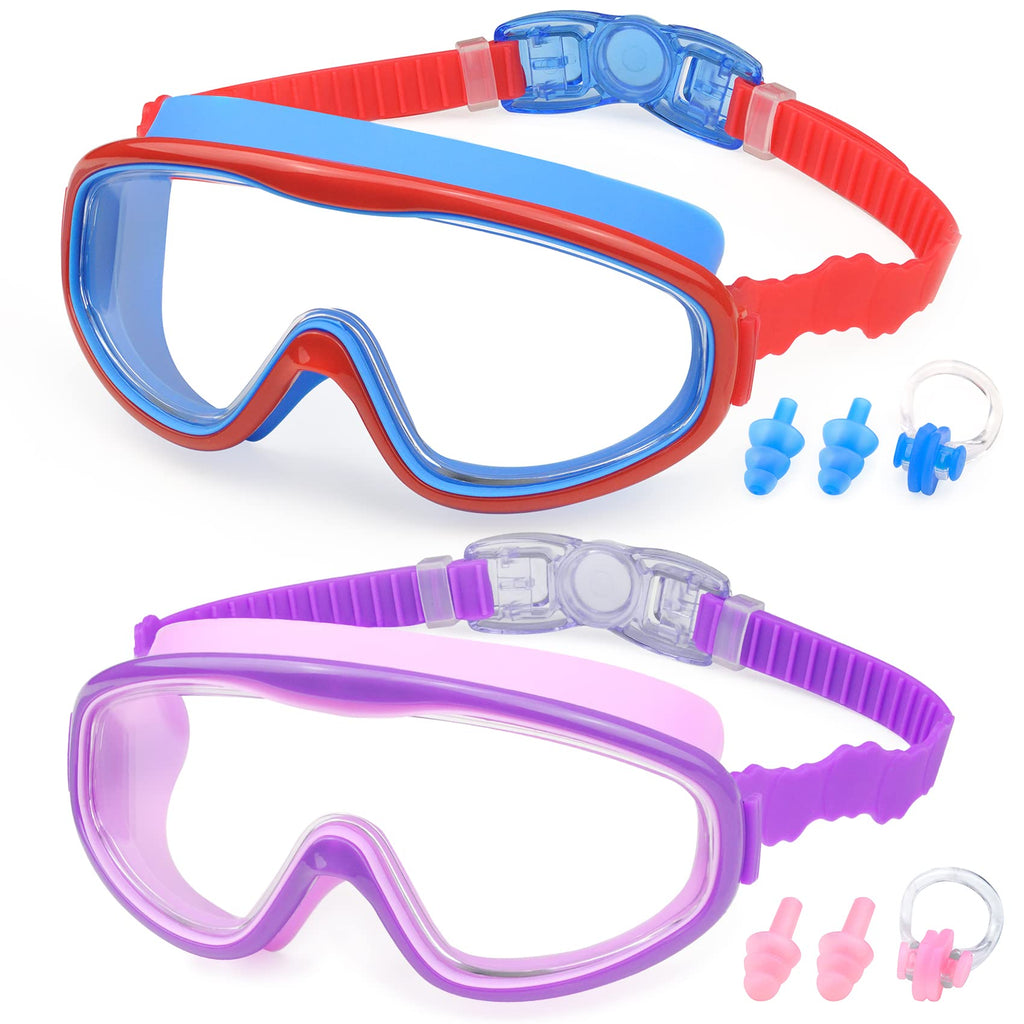KAILIMENG Kids Swim Goggles, 2 Pack Swimming Goggles for Age 3-15, Anti-Fog Anti-UV Cear Wide View 2c.red Blue & Purple - BeesActive Australia