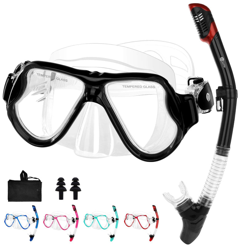 JARDIN Dry Snorkel Set, Panoramic Wide View Snorkel Mask, Anti-Fog Tempered Glass Diving Mask, Free Breathing& Easy Adjustable Strap Scuba Mask, Professional Snorkeling Gear for Adults Black - BeesActive Australia