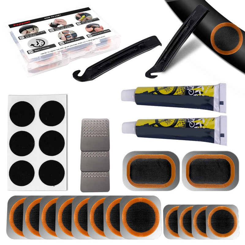 Exppsaf Bike Inner Tire Patch Repair Kit - with 14 PCS Vulcanizing Patches, 6 PCS Pre Glued Patchs, Portable Storage Box, Metal Rasp and Lever - Also for MTB BMX Road Mountain Bicycle Travel - BeesActive Australia