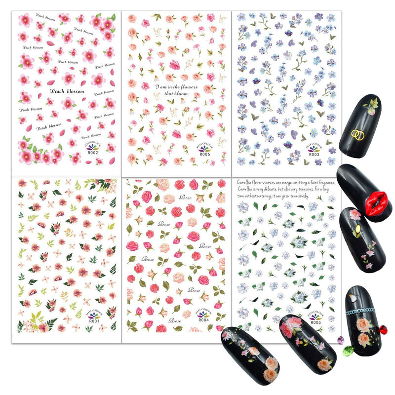 6 Sheets Flower Nail Art Stickers Rose Cherry Blossoms Lavender Nail Decals 3D Nail Supplies Nail Self-Adhesive Sticker Summer Flowers Design Manicure Decorations Accessories 6 Sheets Flower - BeesActive Australia