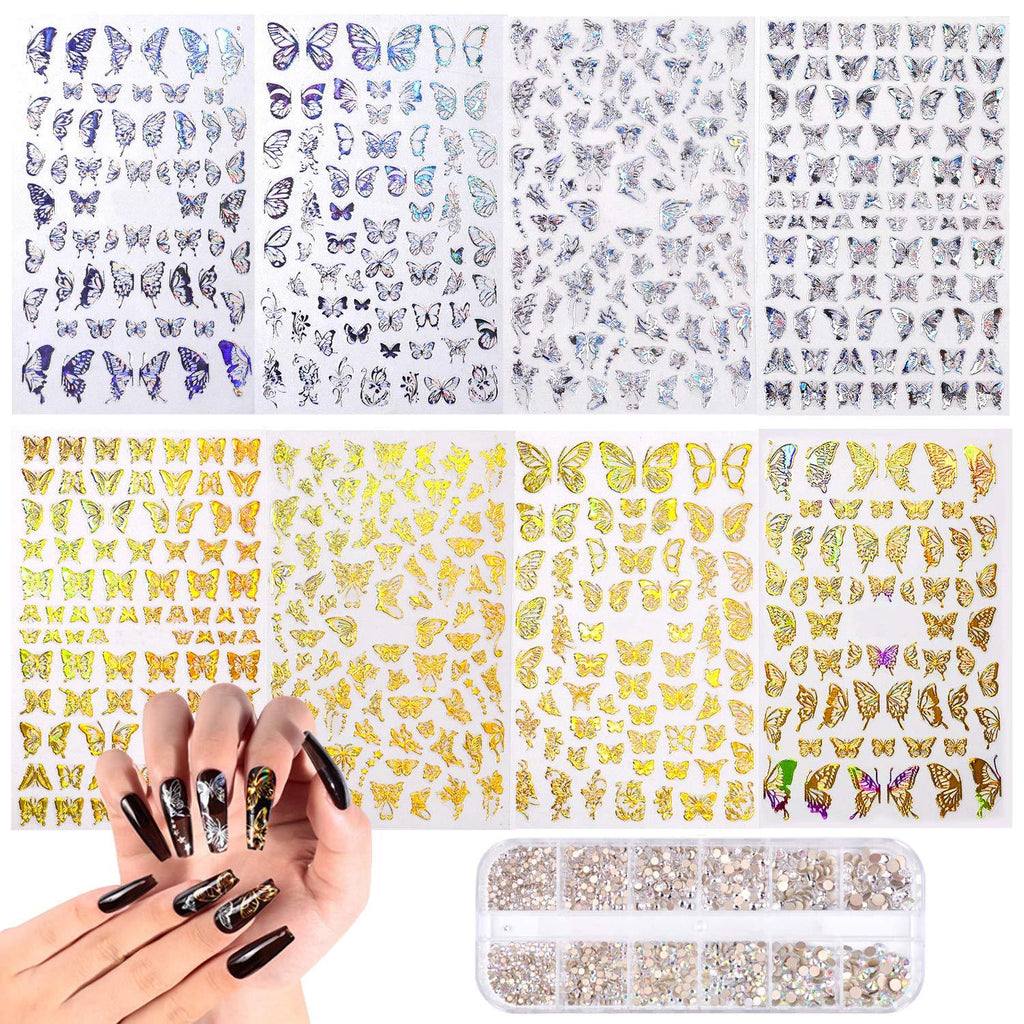 LABOTA 8Sheets Nail Art Adhesive Sticker Sheets Different Laser Gold and Silver Color Butterfly Shapes Nail Art Decoration with AB Crystal Rhinestones - BeesActive Australia