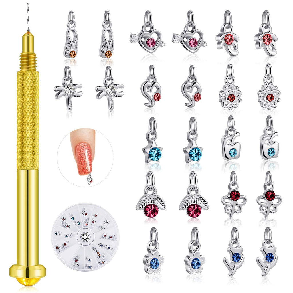 2 Pieces Nail Piercing Tools with 48 Pieces Dangle Nail Charms, Hand Drill Tool and Nail Jewelry Rings Nail Art Tools for Tips, Acrylic, Gels and Decorations - BeesActive Australia