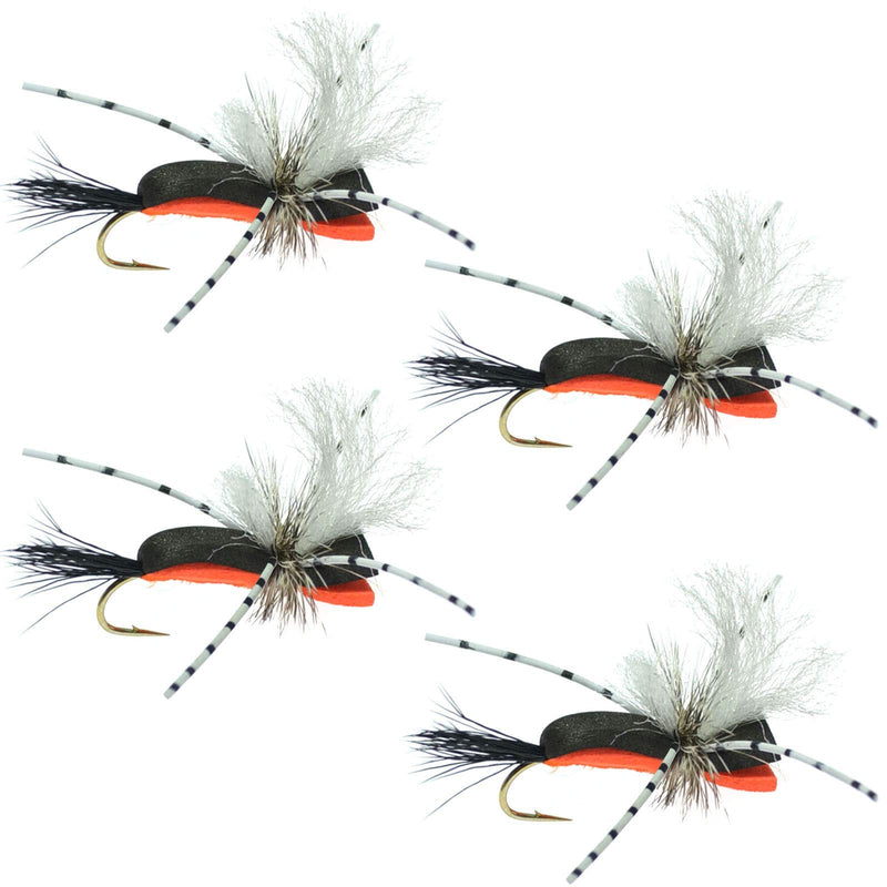 The Fly Fishing Place Hippie Stomper Black Orange Foam Body Trout Bass Dry Fly Fishing Flies - Set of 4 Hook Size 10 - BeesActive Australia