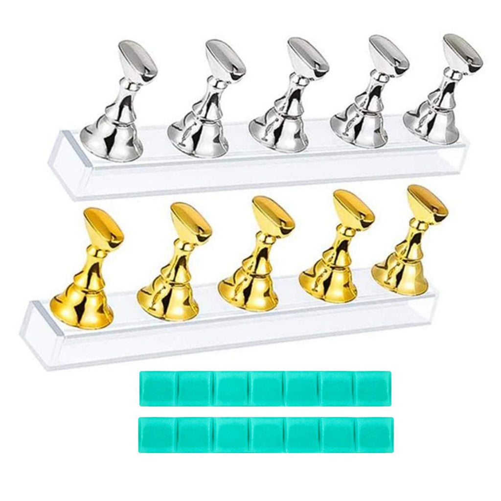 Nail Stand, Press on Stand for Nails 2 Set, Manicure Practice Training Nail Display Stand DIY Fingernail Holder with 14 Pcs Clay for False Nail Tip Manicure Acrylic Tools Home Salon(Gold, Silver) - BeesActive Australia