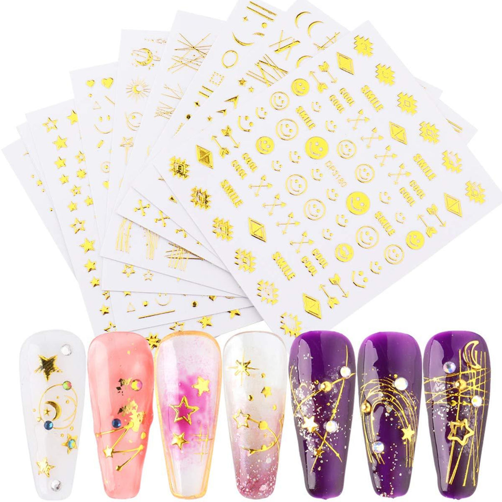 Nail Art Stickers Decals 3D Gold Nail Decals Star Moon Nail Art Supplies 12 Sheets Luxury Nail Stickers Self-Adhesive Designer Nail Stickers for Women Girls Nail Decorations Designs Nail Accessories - BeesActive Australia