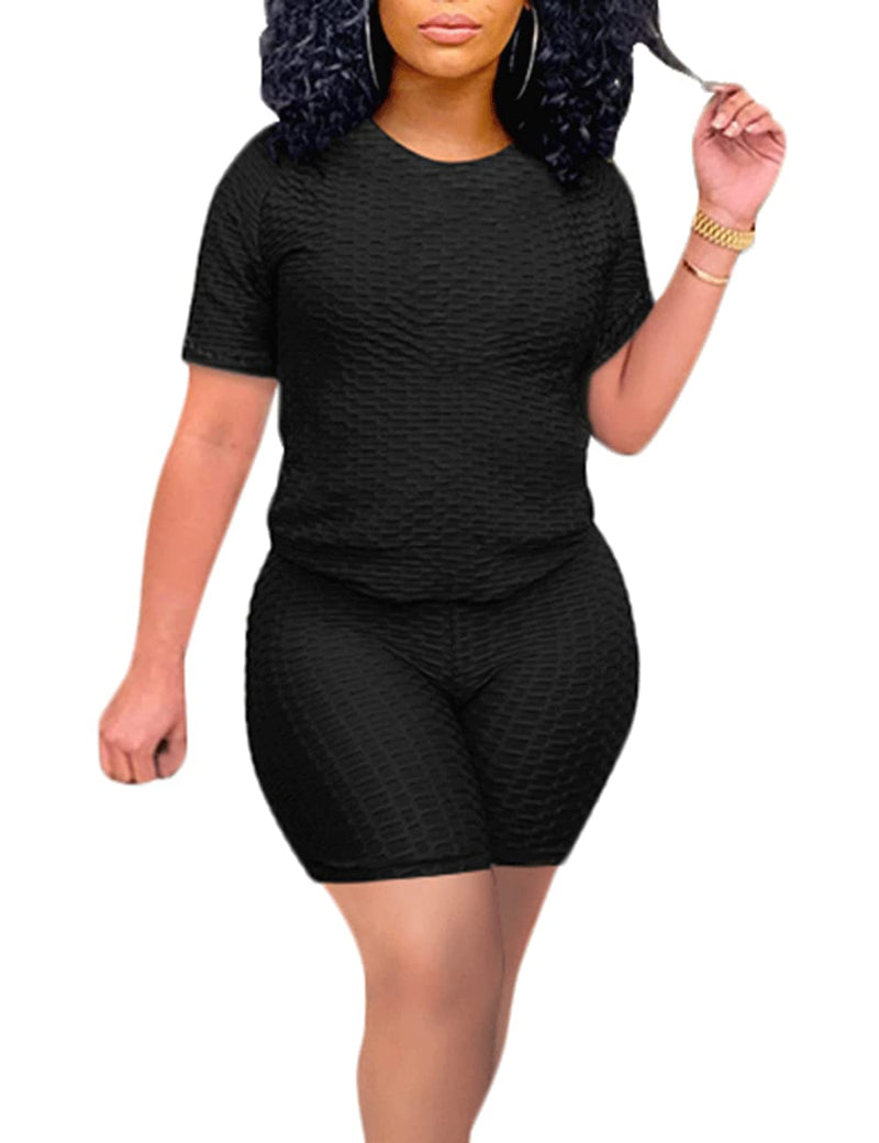 Short Sets Women 2 Piece Outfits, Textured Tracksuit Short Sleeve Tops Shorts Summer Workout Set X-Large 1-black - BeesActive Australia