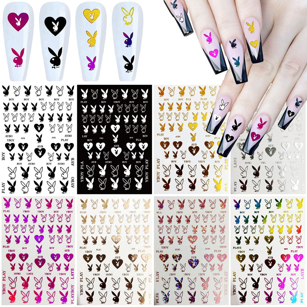 Nail Art Stickers Decal Nail Art Supplies 3D Heart Bunny Nail Decals Self Adhesive DIY Designs Nail Stickers for Women Kids Girls Nail Decoration Luxury Designer Sticker Manicure Decor (8 Sheets) C - BeesActive Australia