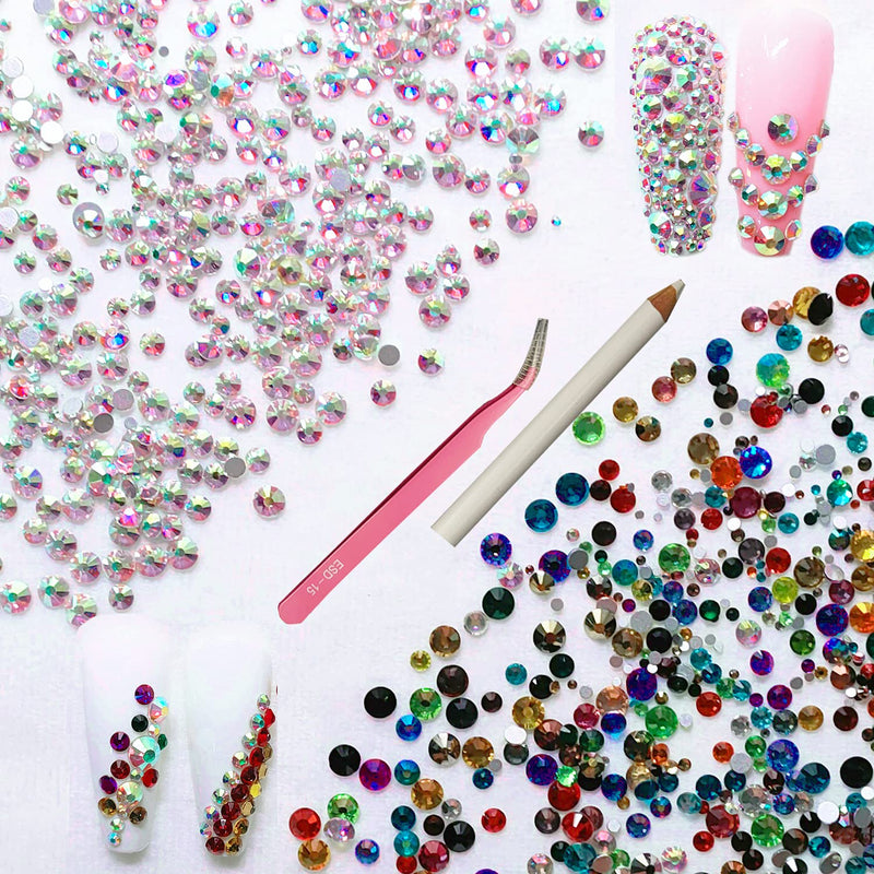 Rhinestones for Nails 2880pcs Nail Art Rhinestones Crystal AB/Multi-color Flat Back Gems, 5 Size (SS4,SS6,SS12,SS16,SS20) For Face Makeup Nail Art DIY - BeesActive Australia