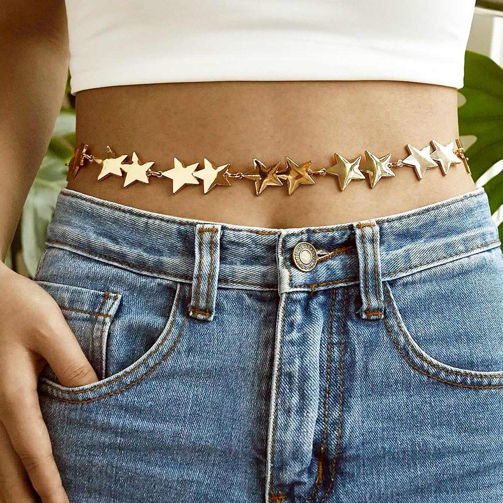 Xerling Star Waist Chain for Jean Dress Adjustable Belly Chain for Women Bling Jewelry Body Chain Bohemian Waist Belt Chain (Gold) Gold - BeesActive Australia