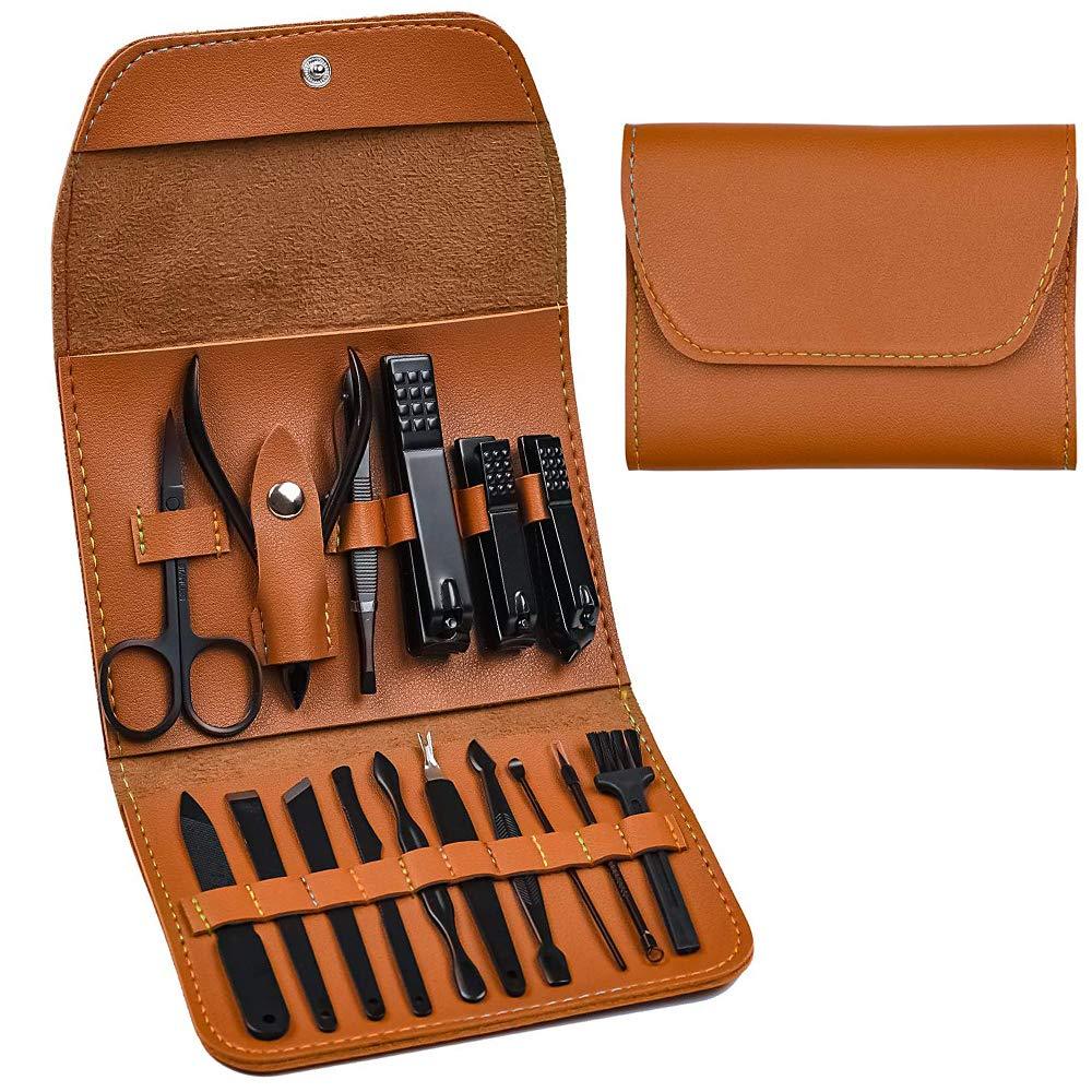 Manicure Set, Pedicure Kit, Nail Clippers, 16 In 1 Professional Grooming Kit Stainless Steel, Nail Toenail Tools with Luxurious Brown Leather Travel Case For Men and Women Upgraded Version - BeesActive Australia