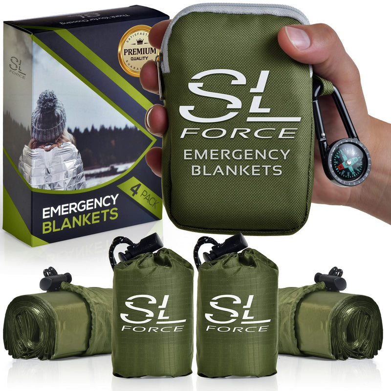 SLFORCE Emergency Blankets for Survival, 4 Pack of Gigantic Space Blanket. Comes with Four Extra-Large Mylar Blankets, Compass, and Zipper Bag. The Best Thermal Space Blankets Survival Heavy Duty. Green - BeesActive Australia