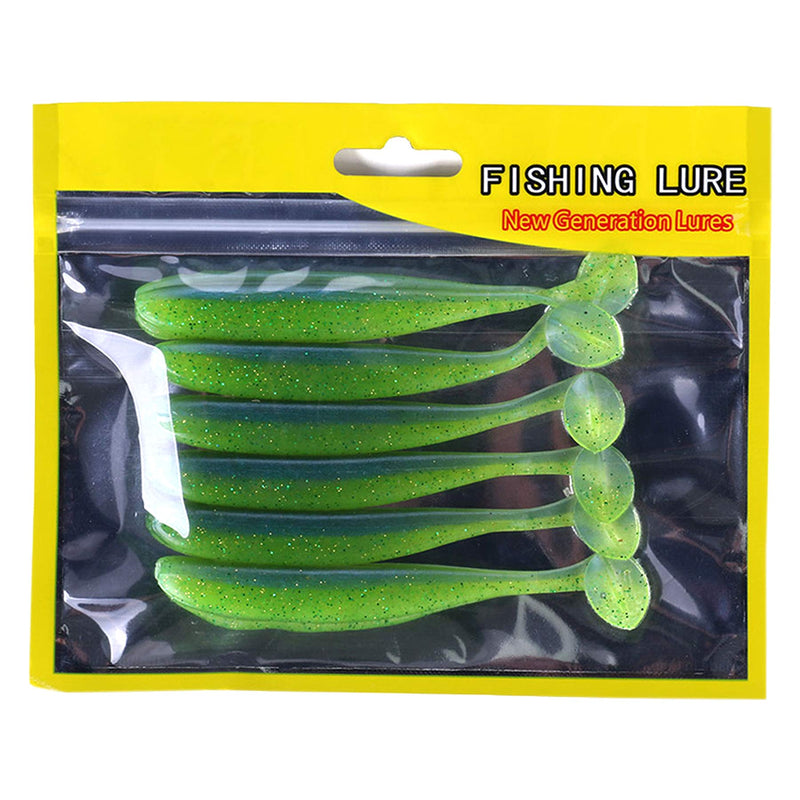 NC Rubber Soft Fishing Baits, 4" 0.2oz Worm Artificial Lures, Minnow Swimbaits with T-Type Paddle Tail Realistic Color Shad Fishing Lure for Bass Trout Pike Walleye Bright green 6Pcs - BeesActive Australia