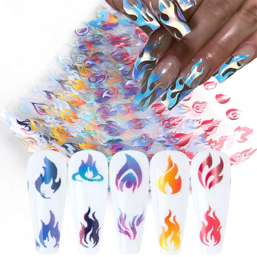 Flame Nail Art Foil Transfer Stickers Nail Accessories 10Sheets Flame Fire Nail Foils Adhesive Nail Decals Starry Sky Stencil Stuff for Women DIY Nail Art Decorations Acrylic Nails Design Manicure - BeesActive Australia