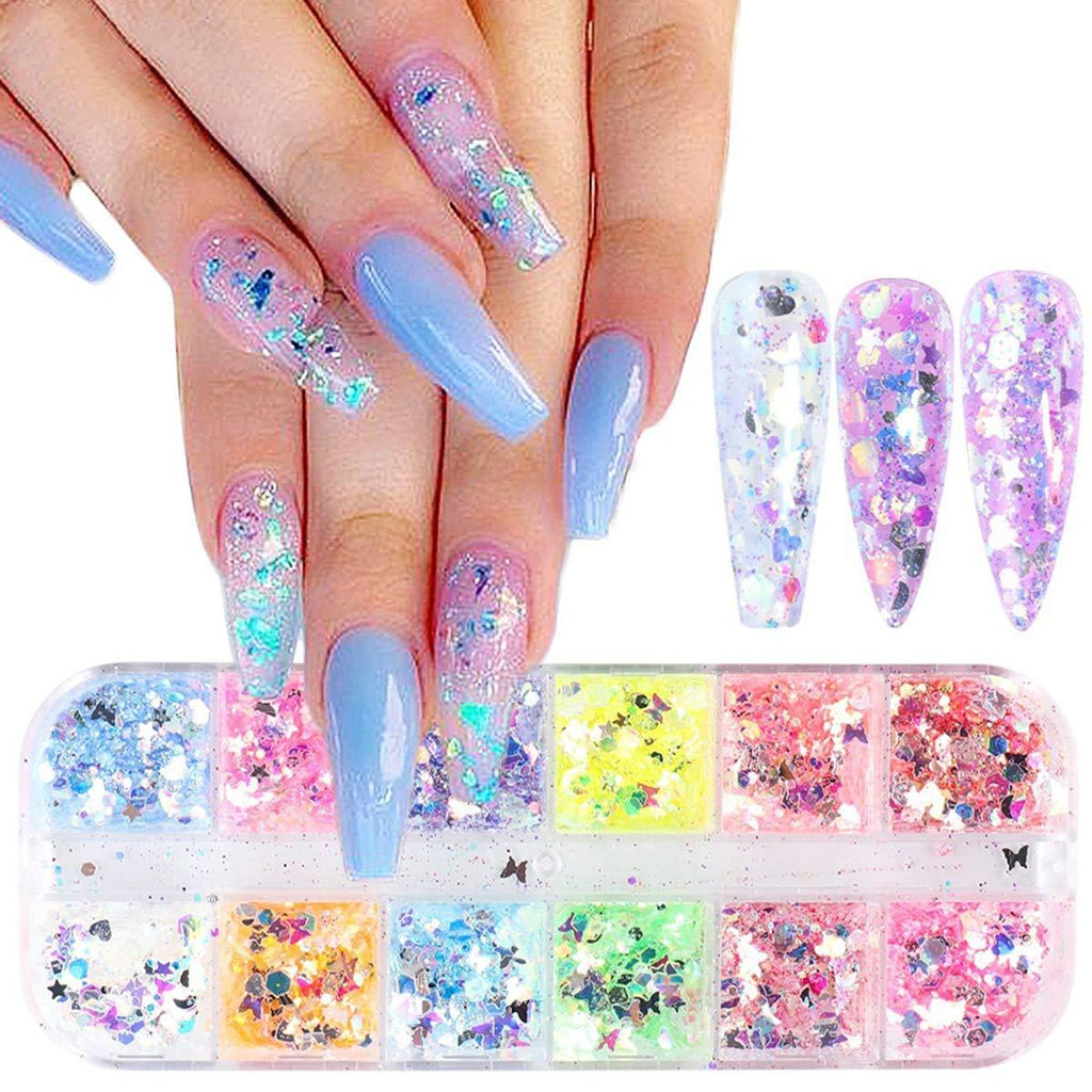 Butterfly Nail Art Glitter Sequins 3D Holographic Butterfly Nail Art Stickers Decals 12 Colors Butterflies Mermaid Mixed Paillettes Sparkle Nail Flake for Women Nail Art Decoration & DIY Crafting - BeesActive Australia