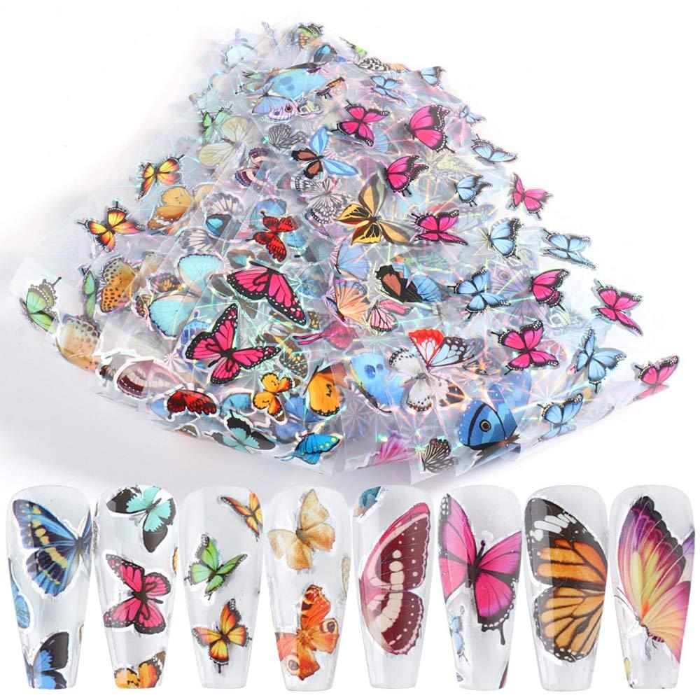 Butterfly Nail Foils Nail Art Transfer Stickers Laser Colorful Butterflies Nail Art Foil Stickers Summer Decor Starry Sky Nail Adhesive Decals for Nails Supply Manicure Tips Wraps Decorations (10pcs) - BeesActive Australia